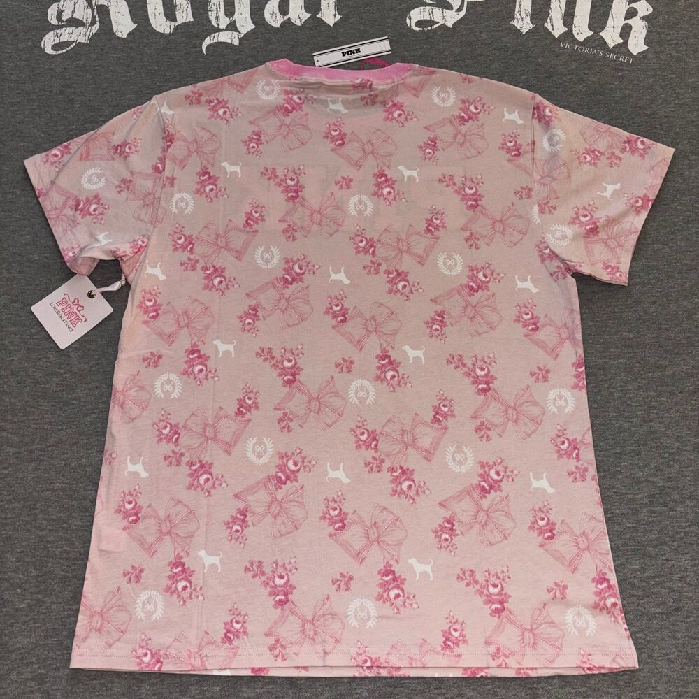 PINK x LoveShackFancy Beaux Icons Floral Bow Short Sleeve Cotton Campus T-Shirt - Picture 7 of 11